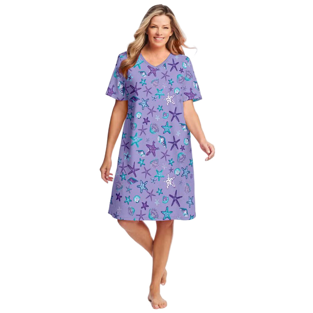 Soft Iris V-Neck Plus Size Short Sleepshirt with whimsical print and A-line silhouette.