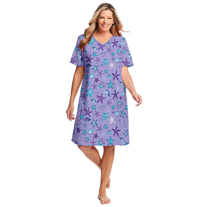 Soft Iris V-Neck Plus Size Short Sleepshirt with whimsical print and A-line silhouette.