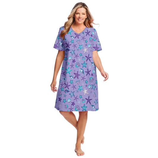 Soft Iris V-Neck Plus Size Short Sleepshirt with whimsical print and A-line silhouette.