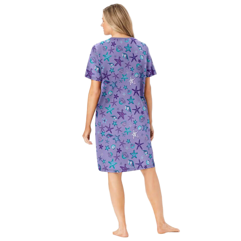 Soft Iris V-Neck Plus Size Short Sleepshirt with whimsical print and A-line silhouette.