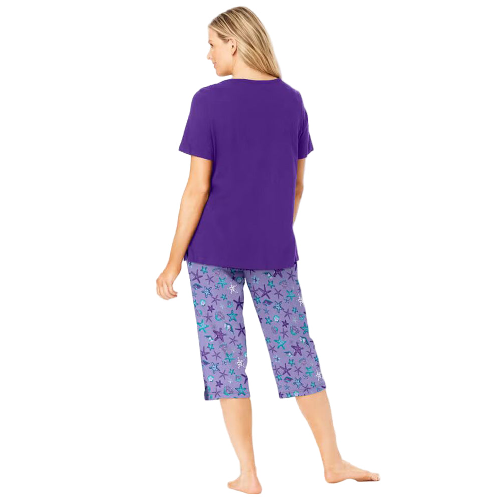 Women’s Soft Iris two piece pajama set with V-neck tunic top and matching capri bottoms, made from soft breathable cotton.