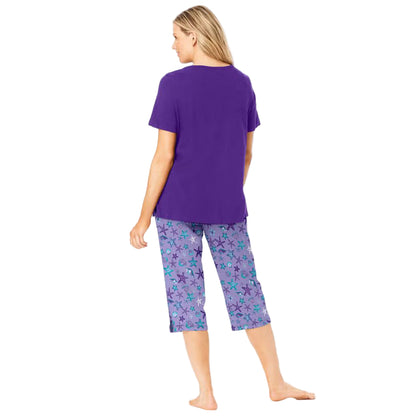 Women’s Soft Iris two piece pajama set with V-neck tunic top and matching capri bottoms, made from soft breathable cotton.