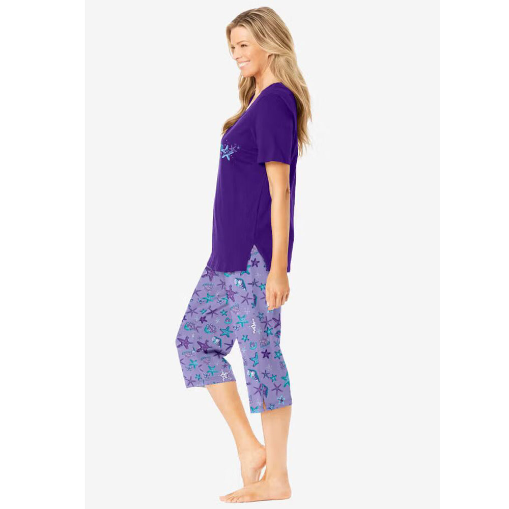 Women’s Soft Iris two piece pajama set with V-neck tunic top and matching capri bottoms, made from soft breathable cotton.