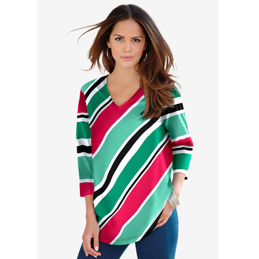 Soft Jade Multi Diagonal Stripe V-Neck Tee PSW-8294