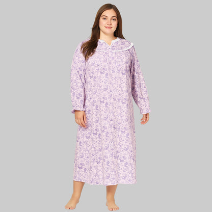 Plus size long lilac flannel nightgown with lace trim – 52-inch cotton sleepwear for women