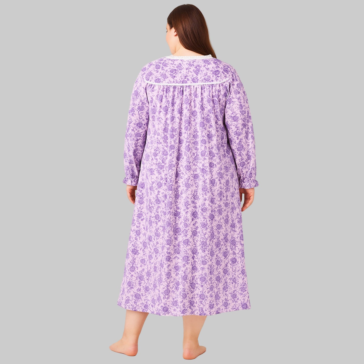 Plus size long lilac flannel nightgown with lace trim – 52-inch cotton sleepwear for women