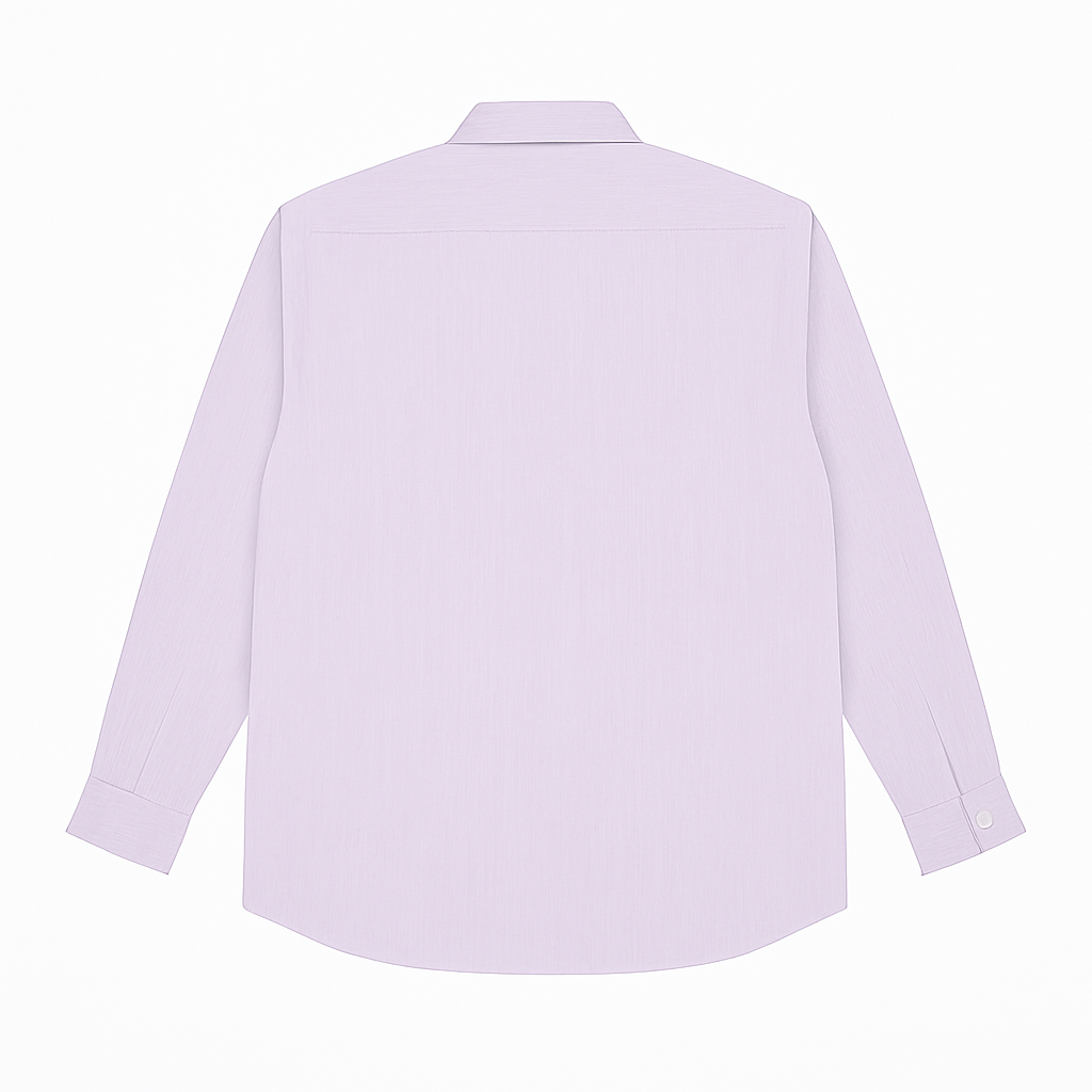 Flat-lay of soft lavender formal shirt with long sleeves and cream buttons