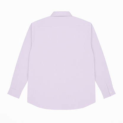 Flat-lay of soft lavender formal shirt with long sleeves and cream buttons