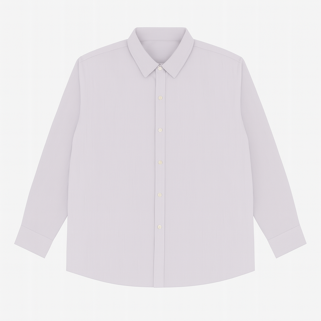 Flat-lay of soft lavender formal shirt with long sleeves and cream buttons