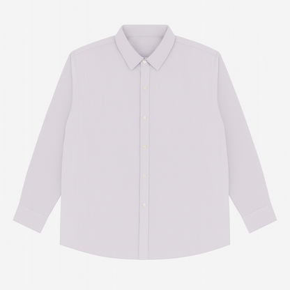 Flat-lay of soft lavender formal shirt with long sleeves and cream buttons