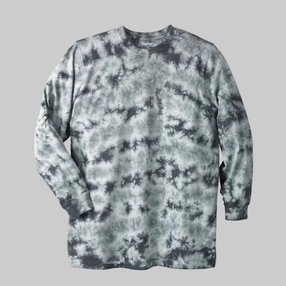 Men’s shrink-less longer-length long-sleeve crewneck pocket T-shirt made from lightweight cotton with relaxed fit and extended length.