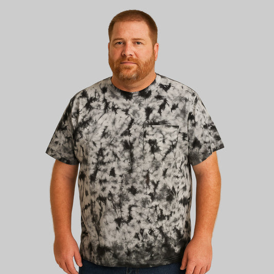 Plus-size Pakistani male model wearing steel marble crewneck T-shirt with chest pocket on a studio background.