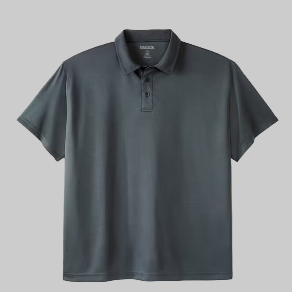 Steel mesh moisture-wicking polo shirt in a relaxed fit with three-button placket, displayed on a flat white background.