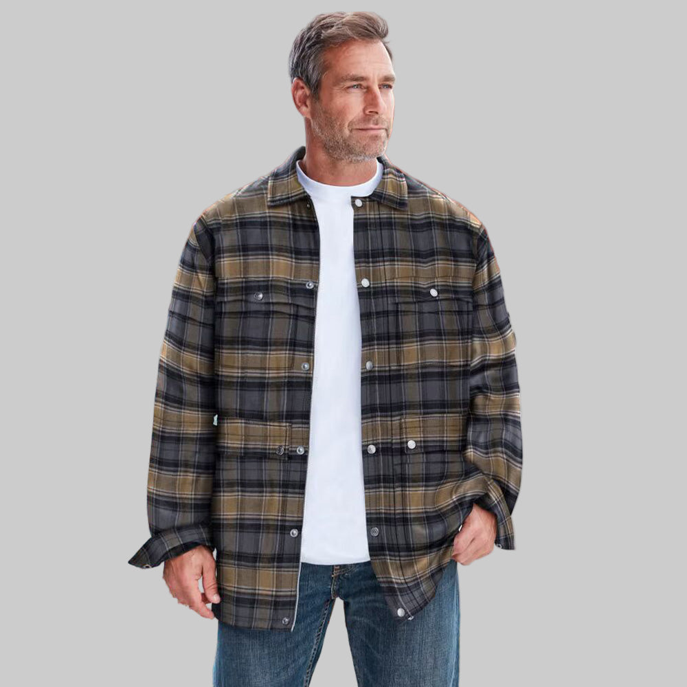 Steel plaid renegade shirt zipper jacket for men in Pakistan – front view