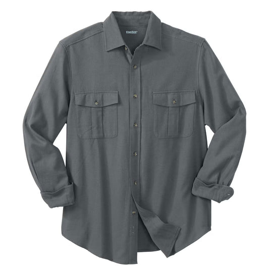 Steel grey plus size brushed cotton flannel shirt with button chest pockets