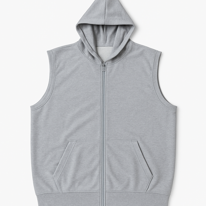 Steel Grey Plus Size Sleeveless Zip-Up Fleece Hoodie with front pockets and hood – laid flat