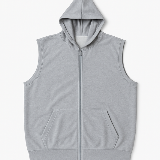 Steel Grey Plus Size Sleeveless Zip-Up Fleece Hoodie with front pockets and hood – laid flat