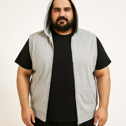 Steel Grey Plus Size Sleeveless Zip-Up Fleece Hoodie with front pockets and hood – laid flat