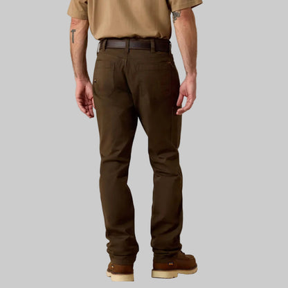 Stone brown utility straight-leg pants with durable Durastretch fabric, straight-leg fit, and workwear design, made from cotton and spandex blend.