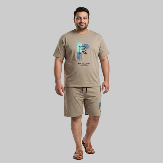 Men's Stone Beige Real Life Pursuit Graphic Interlock T-Shirt and Shorts Co-Ord Set with matching graphic print.