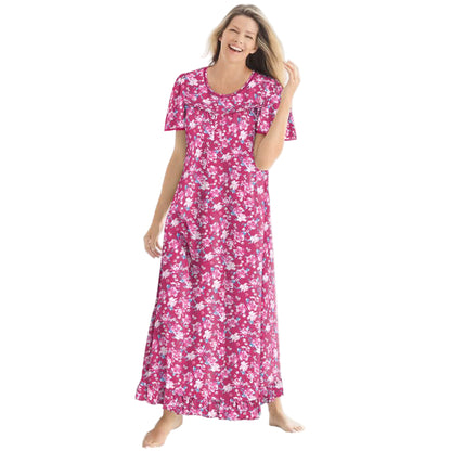 Women’s Strawberry Roses long floral frill cotton gown with flutter sleeves, frilled hem, pintucks, and flower-shaped buttons, made from soft breathable cotton.