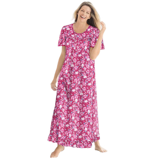 Women’s Strawberry Roses long floral frill cotton gown with flutter sleeves, frilled hem, pintucks, and flower-shaped buttons, made from soft breathable cotton.