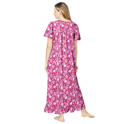 Women’s Strawberry Roses long floral frill cotton gown with flutter sleeves, frilled hem, pintucks, and flower-shaped buttons, made from soft breathable cotton.