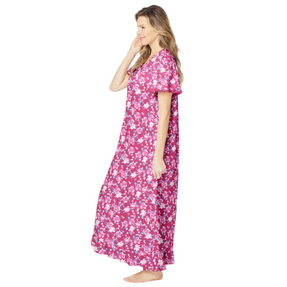 Women’s Strawberry Roses long floral frill cotton gown with flutter sleeves, frilled hem, pintucks, and flower-shaped buttons, made from soft breathable cotton.
