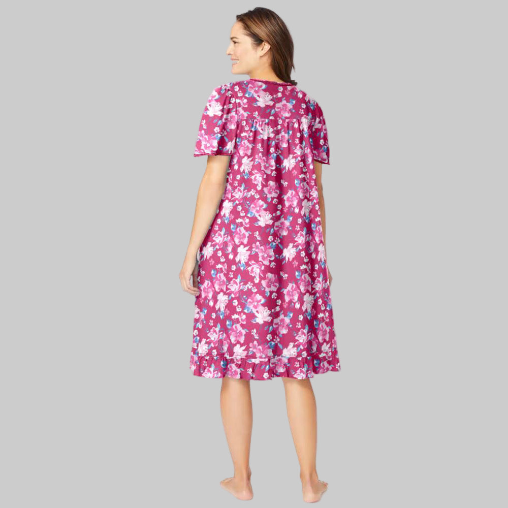 Strawberry roses floral short cotton nightgown with flutter sleeves, ruffled hem, and pintuck details — soft, breathable sleepwear for women.