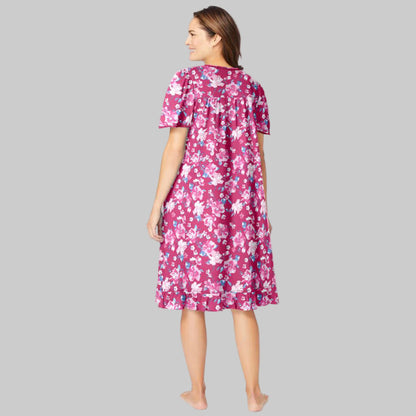 Strawberry roses floral short cotton nightgown with flutter sleeves, ruffled hem, and pintuck details — soft, breathable sleepwear for women.