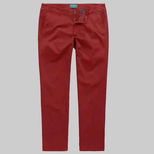 Men’s maroon straight fit cotton pants with back pockets and clean stitching on a plain background.