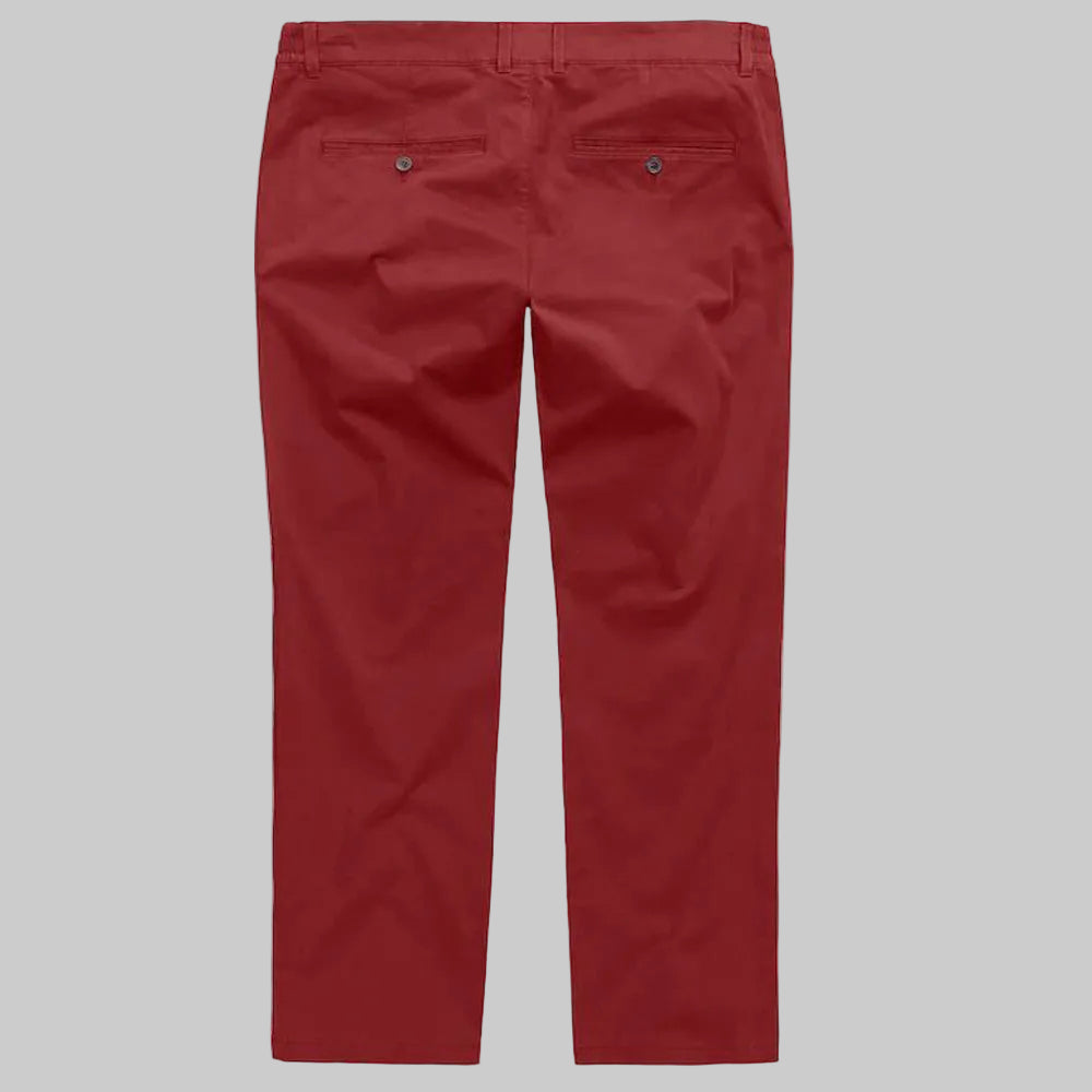 Men’s maroon straight fit cotton pants with back pockets and clean stitching on a plain background.