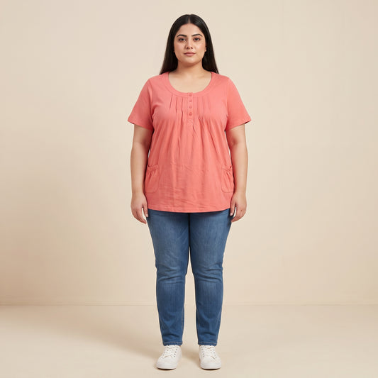 Sunset Coral Two Pocket Knit Tunic | Plus Size - PSW-9003