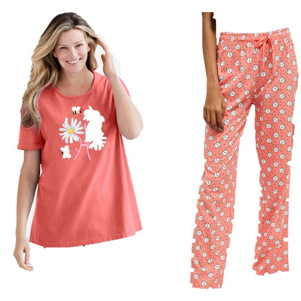 Sweet Coral Graphic Tee PJ Set with short-sleeve tee and printed pajama pants, elastic waistband, and relaxed fit – women’s cotton sleepwear.