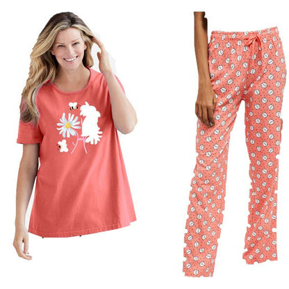 Sweet Coral Graphic Tee PJ Set with short-sleeve tee and printed pajama pants, elastic waistband, and relaxed fit – women’s cotton sleepwear.