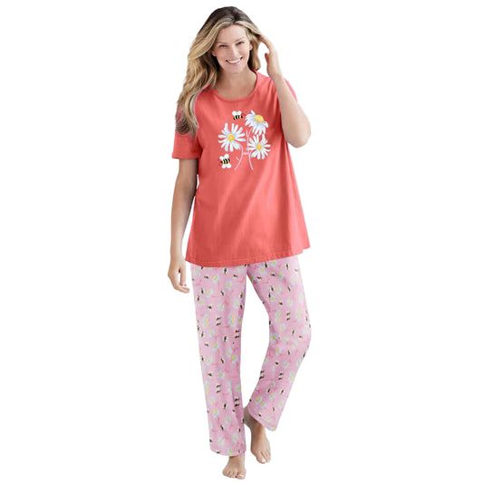 Sweet Coral Graphic Tee PJ Set with short-sleeve tee and printed pajama pants, elastic waistband, and relaxed fit – women’s cotton sleepwear.