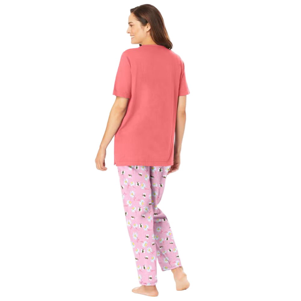 Sweet Coral Graphic Tee PJ Set with short-sleeve tee and printed pajama pants, elastic waistband, and relaxed fit – women’s cotton sleepwear.