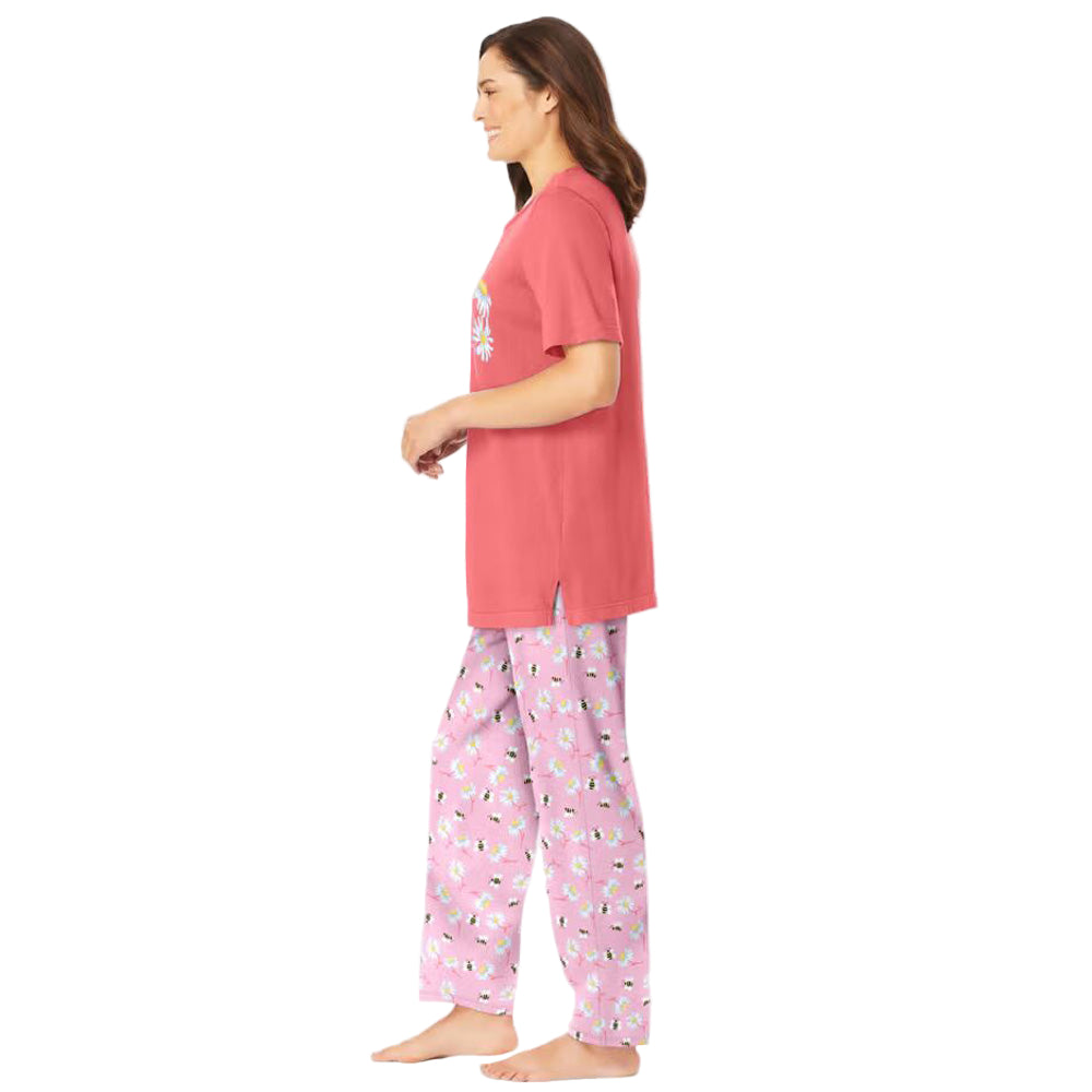 Sweet Coral Graphic Tee PJ Set with short-sleeve tee and printed pajama pants, elastic waistband, and relaxed fit – women’s cotton sleepwear.
