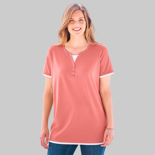 Women’s sweet coral faux-layered short sleeve Henley tee with button trim, displayed flat on a white background.