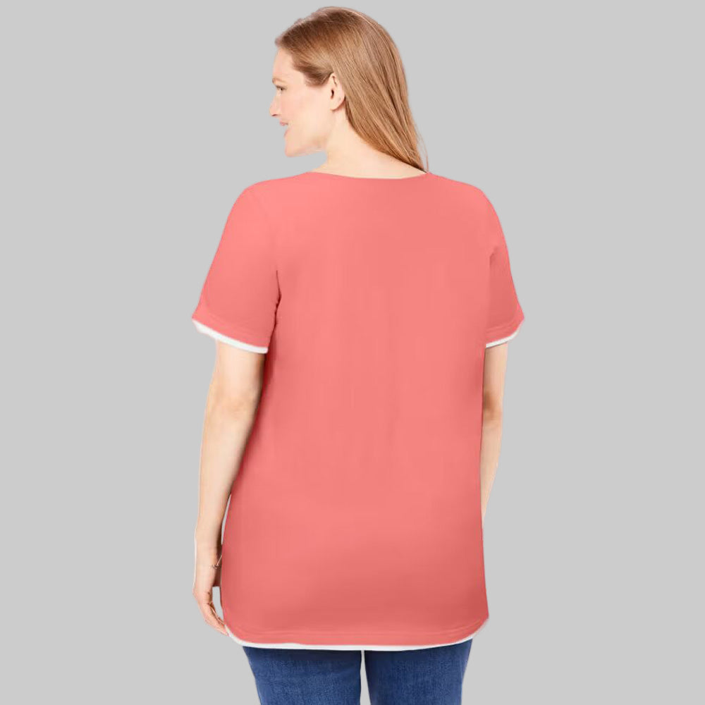 Women’s sweet coral faux-layered short sleeve Henley tee with button trim, displayed flat on a white background.