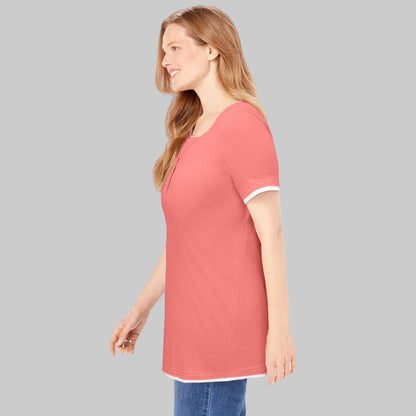 Women’s sweet coral faux-layered short sleeve Henley tee with button trim, displayed flat on a white background.