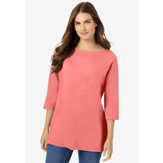 Sweet Coral Perfect Elbow-Sleeve Boatneck Neck Tee PSW-8101