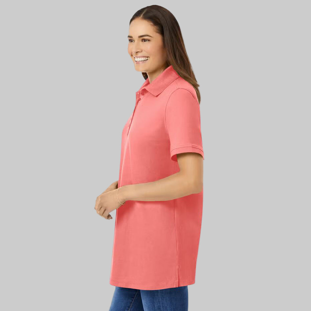Sweet coral plus-size short-sleeve polo shirt with classic collar, relaxed fit, and 28-inch length, made from soft cotton fabric.