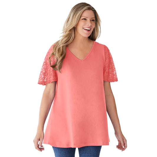 Plus-size tunic with lace flutter sleeves, a curved V-neckline, and a relaxed swingy fit. Made from a soft cotton/poly blend for comfort and style