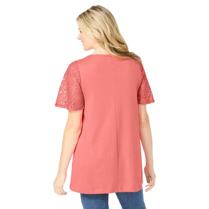 Plus-size tunic with lace flutter sleeves, a curved V-neckline, and a relaxed swingy fit. Made from a soft cotton/poly blend for comfort and style