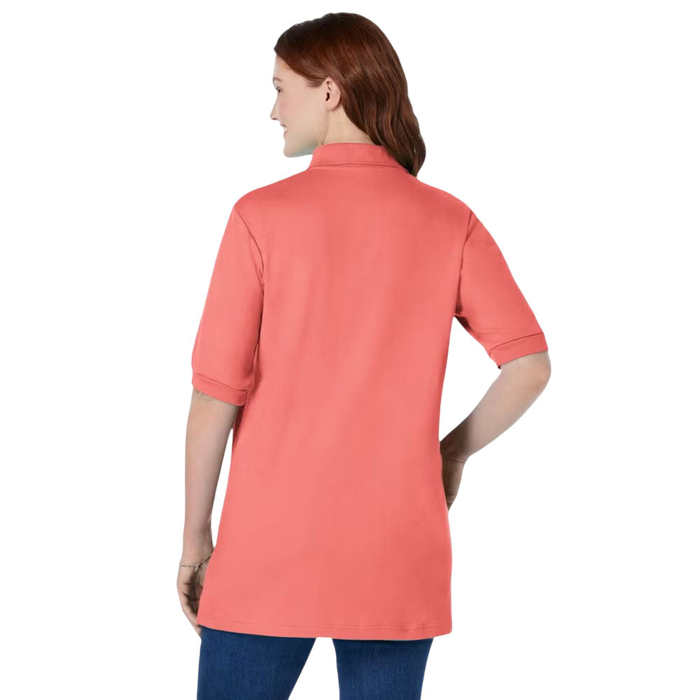 Sweet coral women’s short sleeve polo tunic with collar and relaxed fit, front view

