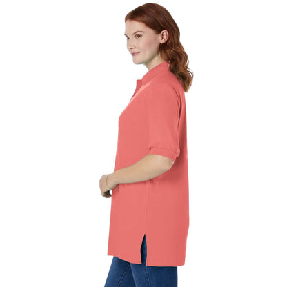 Sweet coral women’s short sleeve polo tunic with collar and relaxed fit, front view

