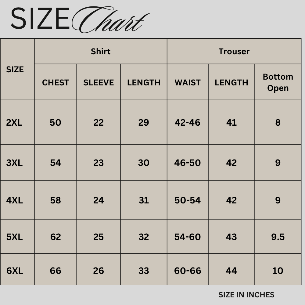 Size chart for Camel Brown Embroidered Fleece Co-ord Set PSM-11782