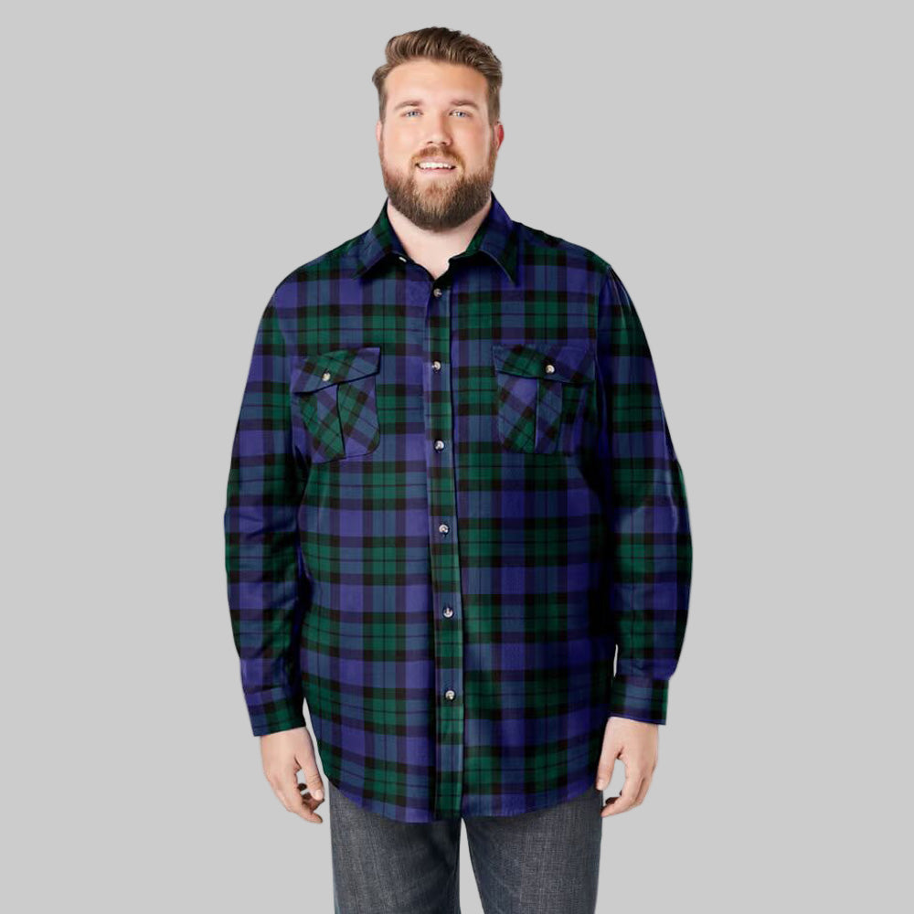 Tartan holiday plaid flannel shirt with horn buttons and chest pocket, made from soft brushed cotton for winter layering.