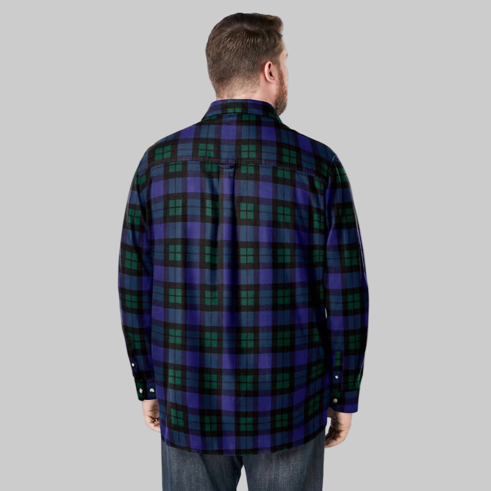 Tartan holiday plaid flannel shirt with horn buttons and chest pocket, made from soft brushed cotton for winter layering.